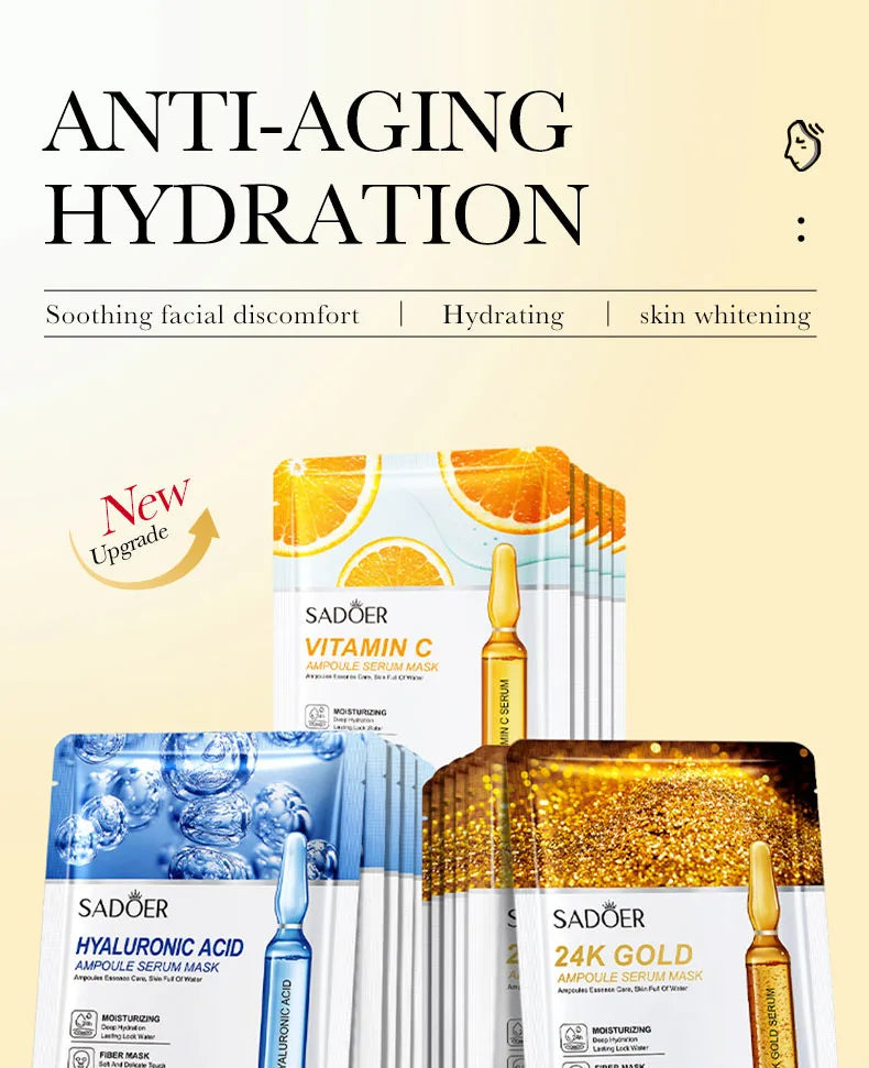 Set 15 Maschere Viso SADOER – Oro 24K, Vitamina C & Acido Ialuronico