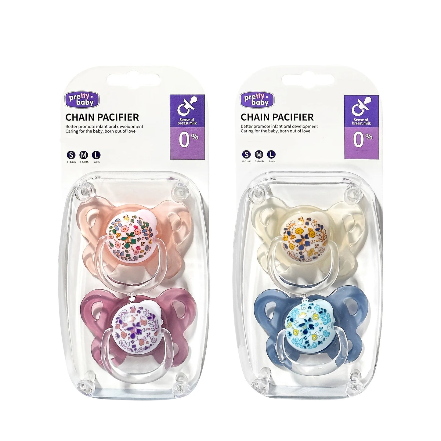 Set 2/4 Ciucci per Neonati con Coperchio – Motivo Floreale, Tettarella a Pollice, Silicone