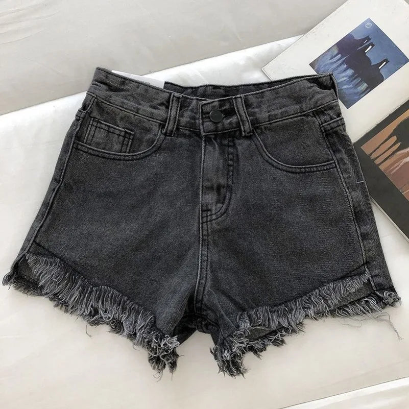 Shorts Denim Vita Alta Orlo Grezzo – Gamba Larga Stile Coreano | 4 Colori | DURIKIES