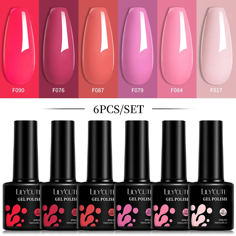 LILYCUTE Set di 6 Smalti Gel per Unghie Fai-da-Te 7ML, Rosa Brillante, Accessori per Nail Art, Smalto Gel UV LED Soak-Off