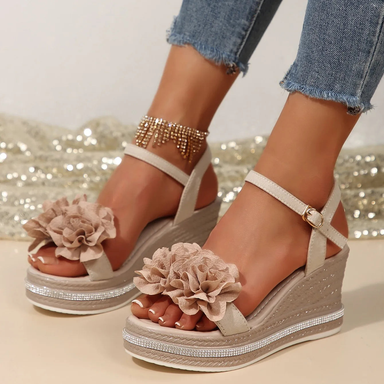 Sandali da donna Motivo floreale Bowknot Decor Sandali con plateau Donna Espadrillas con zeppa Tacchi alti Scarpe da donna Sandalias De Mujer