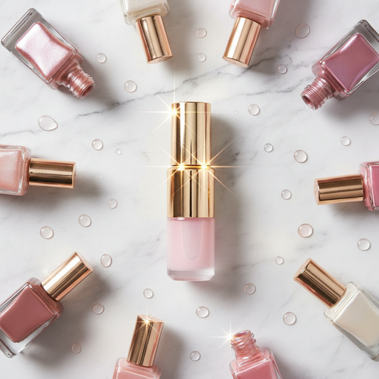 Top coat unghie in flacone rosa e oro su marmo
