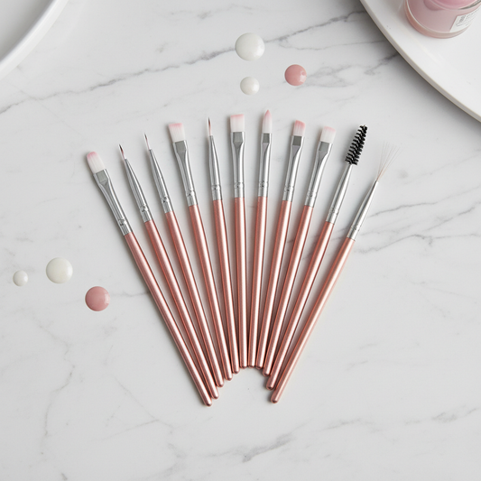 Set pennellini nail art professionali con manici oro rosa su marmo
