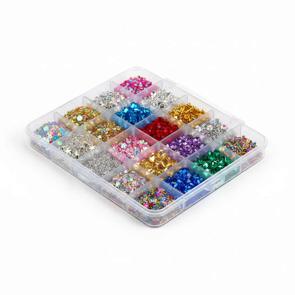 Set nail art decorazioni con glitter gemme e strass in box con scomparti