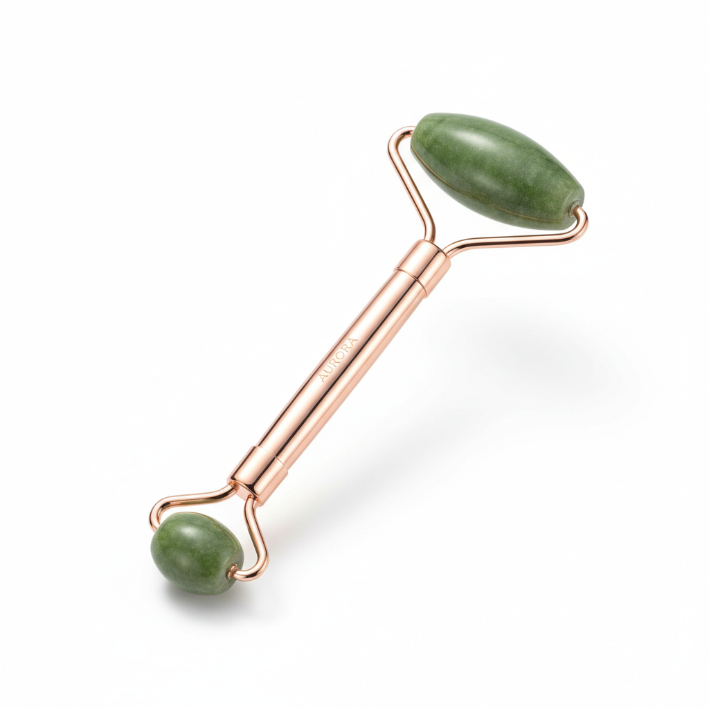 Rullo viso in giada verde con manico oro rosa