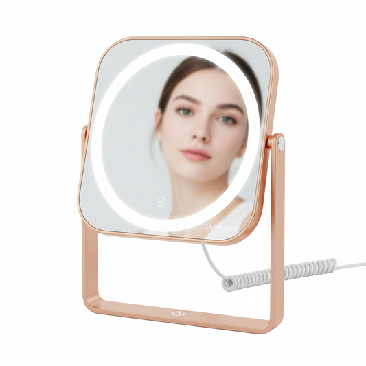 Specchio con luce LED ad anello con cornice oro rosa