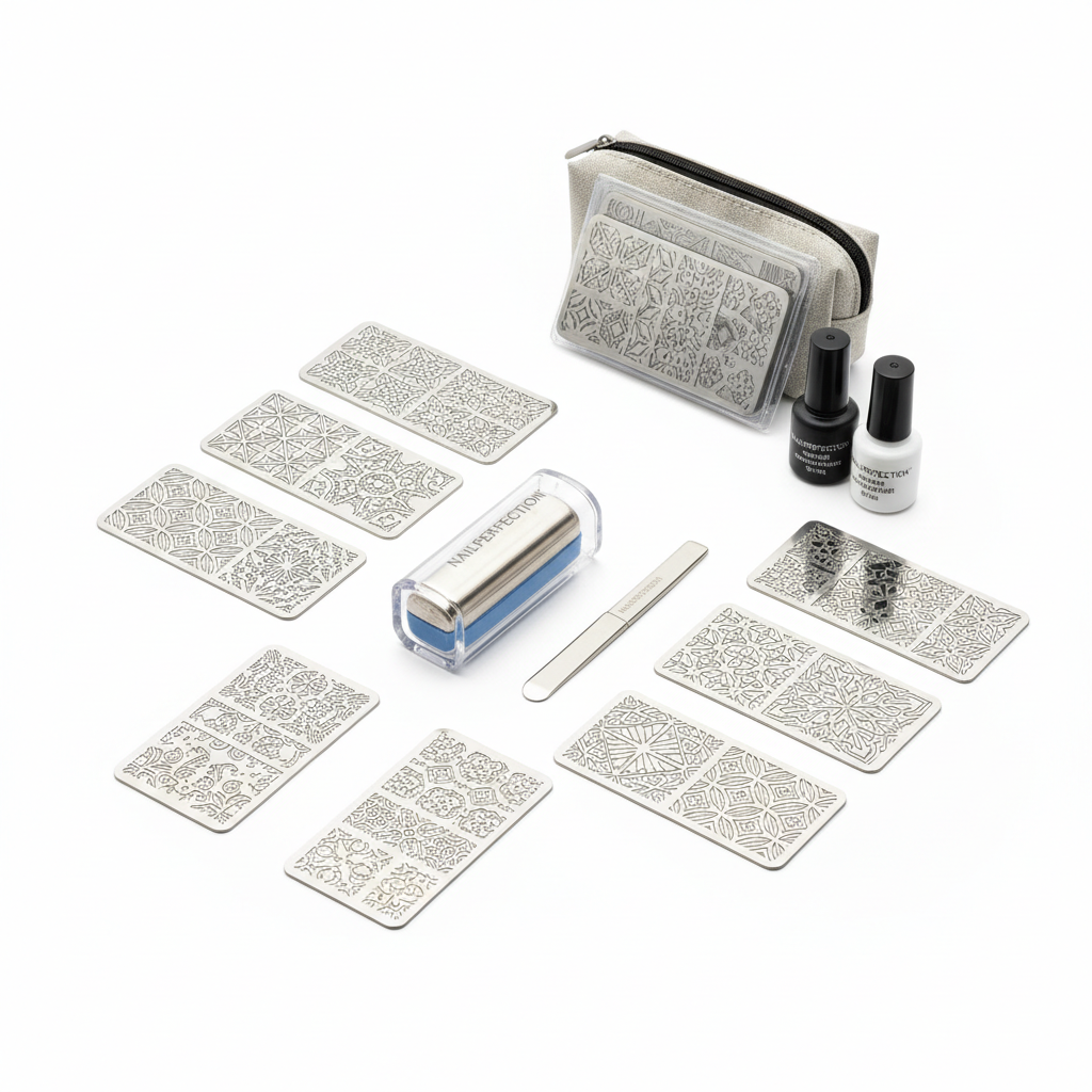Kit stamping nail art con stamper scraper e lastre in acciaio inox