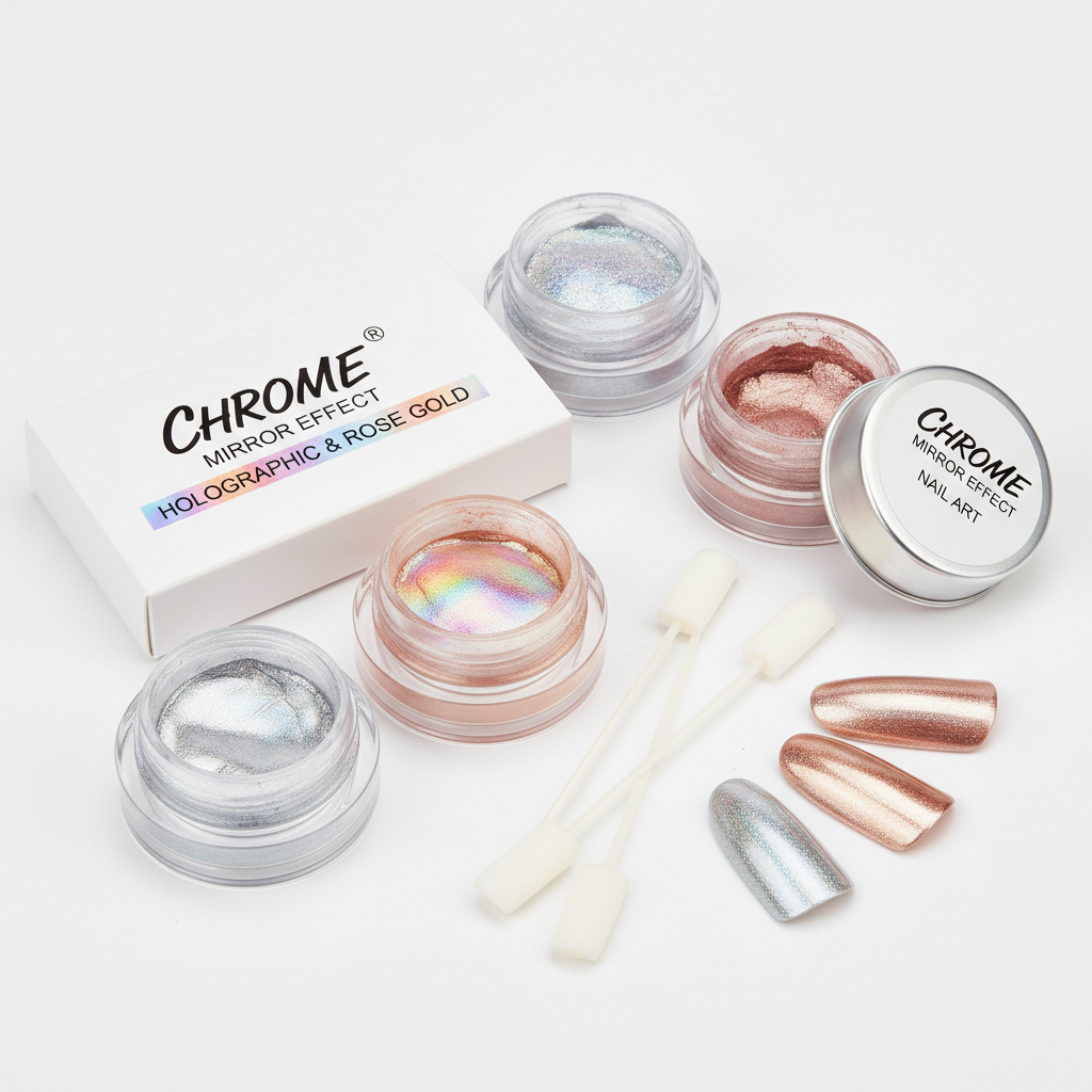 Polvere chrome effetto specchio per unghie in tonalità argento oro rosa e olografico